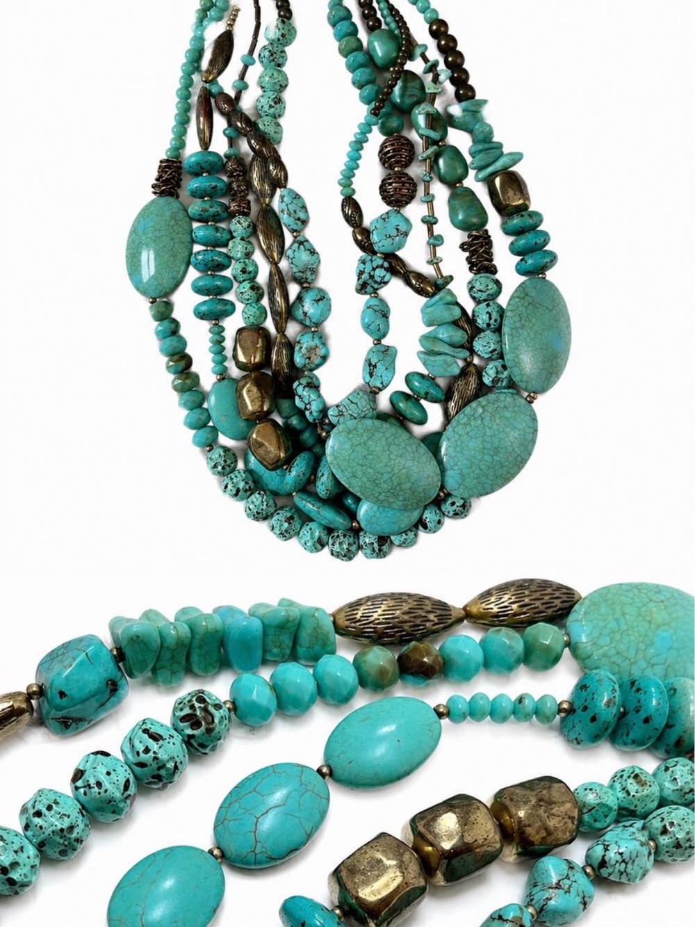 Chico’s Multi-Strand Turquoise-Style Statement Necklace Bronze Tone 14.5”